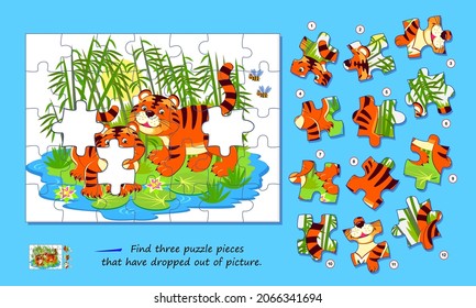 Logic game for children and adults. Find three puzzle pieces that have dropped out of picture. Printable page for kids brain teaser book. Developing spatial thinking. Play online. Vector illustration