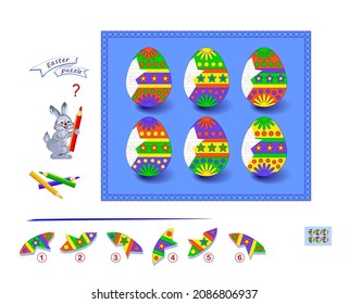 Logic game for children and adults. Find and draw missing parts of eggs. Easter puzzle. Coloring book. Page for kids brain teaser book. Developing spatial thinking. Play online. Vector illustration.