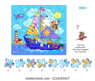 Logic game for children and adults. Find one puzzle piece that have dropped out of picture. Printable page for kids brain teaser book. Developing spatial thinking. Play online. Vector illustration.