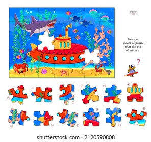 Logic game for children and adults. Find two pieces of puzzle that fell out of picture. Printable page for kids brain teaser book. Developing spatial thinking. Play online. Vector illustration.