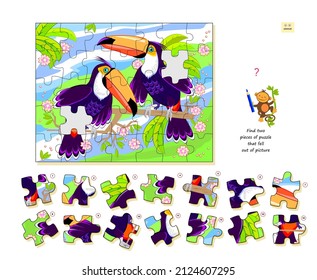 Logic game for children and adults. Find two pieces of puzzle that fell out of picture. Printable page for kids brain teaser book. Developing spatial thinking. Play online. Vector illustration.