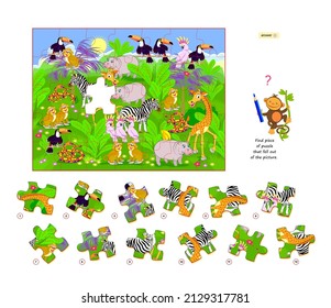 Logic game for children and adults. Find piece of puzzle that fell out of picture. Printable page for kids brain teaser book. Developing spatial thinking. Play online. Vector illustration