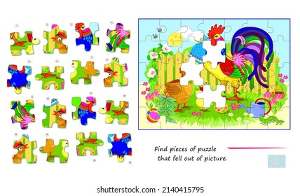 Logic game for children and adults. Find pieces of puzzle that fell out of picture. Page for kids brain teaser book. Task for attentiveness. Developing spatial thinking. Play online. Vector image.