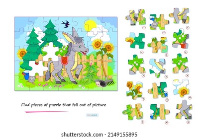 Logic game for children and adults. Find pieces of puzzle that fell out of picture. Page for kids brain teaser book. Task for attentiveness. Developing spatial thinking. Play online. Vector image.