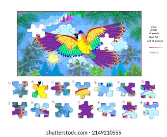 Logic game for children and adults. Find pieces of puzzle that fell out of picture. Page for kids brain teaser book. Task for attentiveness. Developing spatial thinking. Play online. Vector image.