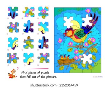 Logic game for children and adults. Find pieces of puzzle that fell out of picture. Page for kids brain teaser book. Task for attentiveness. Developing spatial thinking. Play online. Vector image.