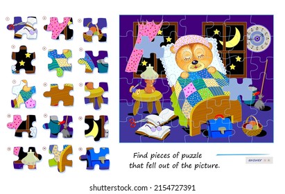 Logic game for children and adults. Find pieces of puzzle that fell out of picture. Page for kids brain teaser book. Task for attentiveness. Developing spatial thinking. Play online. Vector image.