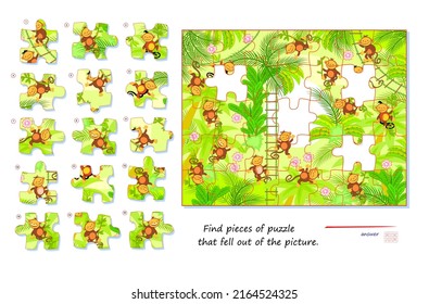 Logic game for children and adults. Find pieces of puzzle that fell out of picture. Page for kids brain teaser book. Task for attentiveness. Developing spatial thinking. Play online. Vector image.