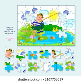 Logic game for children and adults. Find pieces of puzzle that fell out of picture. Page for kids brain teaser book. Task for attentiveness. Developing spatial thinking. Play online. Vector image.