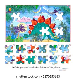 Logic game for children and adults. Find pieces of puzzle that fell out of picture. Page for kids brain teaser book. Task for attentiveness. Developing spatial thinking. Play online. Vector image.