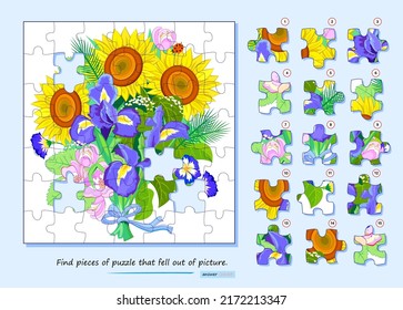 Logic game for children and adults. Find pieces of puzzle that fell out of picture. Page for kids brain teaser book. Task for attentiveness. Developing spatial thinking. Play online. Vector image.