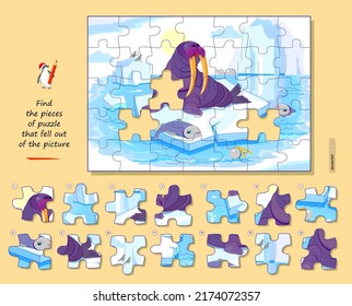 Logic game for children and adults. Find pieces of puzzle that fell out of picture. Page for kids brain teaser book. Task for attentiveness. Developing spatial thinking. Play online. Vector image.