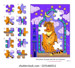 Logic game for children and adults. Find pieces of puzzle that fell out of picture. Page for kids brain teaser book. Task for attentiveness. Developing spatial thinking. Play online. Vector image.