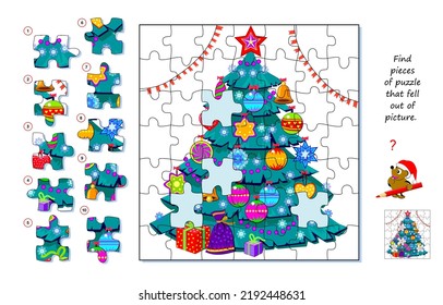 Logic game for children and adults. Find pieces of puzzle that fell out of picture. Page for kids brain teaser book. Task for attentiveness. Developing spatial thinking. Play online. Vector image.