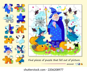 Logic game for children and adults. Find pieces of puzzle that fell out of picture. Page for kids brain teaser book. Task for attentiveness. Developing spatial thinking. Play online. Vector image.