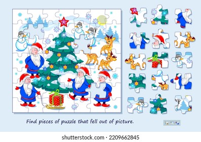 Logic game for children and adults. Find pieces of puzzle that fell out of picture. Page for kids brain teaser book. Task for attentiveness. Developing spatial thinking. Play online. Vector image.