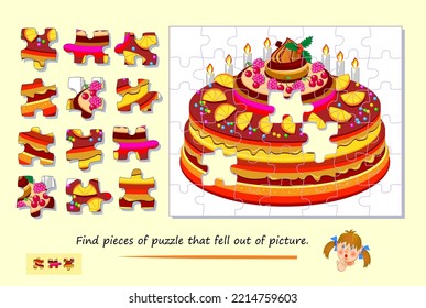 Logic game for children and adults. Find pieces of puzzle that fell out of picture. Page for kids brain teaser book. Task for attentiveness. Developing spatial thinking. Play online. Vector image.