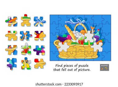 Logic game for children and adults. Find pieces of puzzle that fell out of picture. Page for kids brain teaser book. Task for attentiveness. Developing spatial thinking. Play online. Vector image.