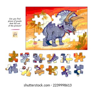 Logic game for children and adults. Find pieces of puzzle that fell out of picture. Page for kids brain teaser book. Task for attentiveness. Developing spatial thinking. Play online. Vector image.