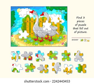 Logic game for children and adults. Find 3 pieces of puzzle that fell out of picture. Page for kids brain teaser book. Task for attentiveness. Developing spatial thinking. Play online. Vector image.