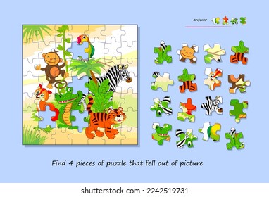 Logic game for children and adults. Find 4 pieces of puzzle that fell out of picture. Page for kids brain teaser book. Task for attentiveness. Developing spatial thinking. Play online. Vector image.