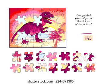 Logic game for children and adults. Find pieces of puzzle that fell out of picture. Page for kids brain teaser book. Task for attentiveness. Developing spatial thinking. Play online. Vector image.