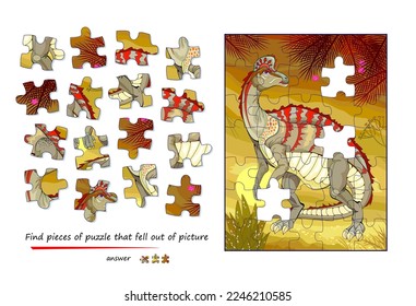 Logic game for children and adults. Find pieces of puzzle that fell out of picture. Page for kids brain teaser book. Task for attentiveness. Developing spatial thinking. Play online. Vector image.