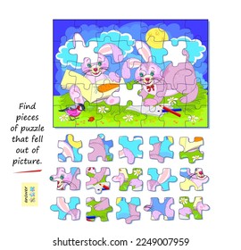 Logic game for children and adults. Find pieces of puzzle that fell out of picture. Page for kids brain teaser book. Task for attentiveness. Developing spatial thinking. Play online. Vector image.