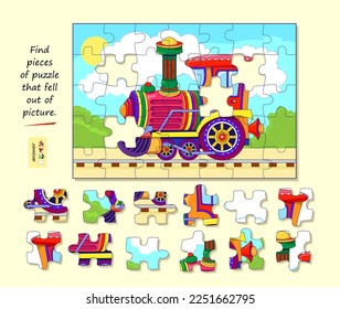 Logic game for children and adults. Find pieces of puzzle that fell out of picture. Page for kids brain teaser book. Task for attentiveness. Developing spatial thinking. Play online. Vector image.