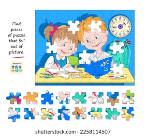 Logic game for children and adults. Find pieces of puzzle that fell out of picture. Page for kids brain teaser book. Task for attentiveness. Developing spatial thinking. Play online. Vector image.