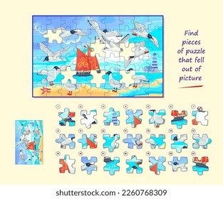 Logic game for children and adults. Find pieces of puzzle that fell out of picture. Page for kids brain teaser book. Task for attentiveness. Developing spatial thinking. Play online. Vector image.