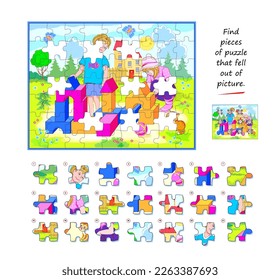 Logic game for children and adults. Find pieces of puzzle that fell out of picture. Page for kids brain teaser book. Task for attentiveness. Developing spatial thinking. Play online. Vector image.