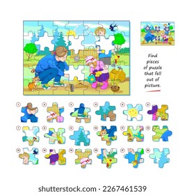 Logic game for children and adults. Find pieces of puzzle that fell out of picture. Page for kids brain teaser book. Task for attentiveness. Developing spatial thinking. Play online. Vector image.