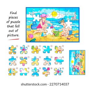 Logic game for children and adults. Find pieces of puzzle that fell out of picture. Page for kids brain teaser book. Task for attentiveness. Developing spatial thinking. Play online. Vector image.