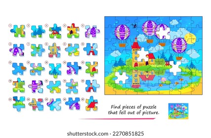 Logic game for children and adults. Find pieces of puzzle that fell out of picture. Page for kids brain teaser book. Task for attentiveness. Developing spatial thinking. Play online. Vector image.