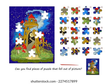 Logic game for children and adults. Find pieces of puzzle that fell out of picture. Page for kids brain teaser book. Task for attentiveness. Developing spatial thinking. Play online. Vector image.