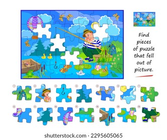 Logic game for children and adults. Find pieces of puzzle that fell out of picture. Page for kids brain teaser book. Task for attentiveness. Developing spatial thinking. Play online. Vector image.