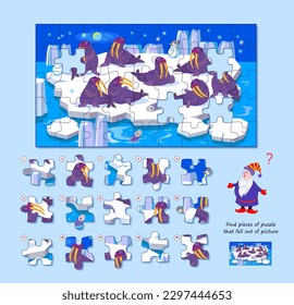 Logic game for children and adults. Find pieces of puzzle that fell out of picture. Page for kids brain teaser book. Task for attentiveness. Developing spatial thinking. Play online. Vector image.