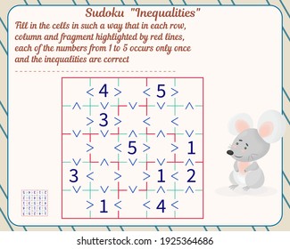Logic game for children and adults. Inequality Sudoku. Development of attention, memory, thinking. Worksheet.