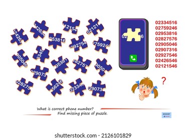 Logic Game For Children And Adults. What Is Correct Phone Number? Find Missing Piece Of Puzzle. Printable Page For Kids Brain Teaser Book. Developing Spatial Thinking. Play Online. Vector Image.