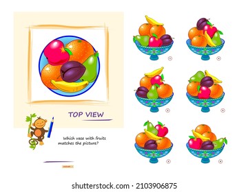 Juego lógico para niños y adultos. ¿Qué jarrón con frutas encaja con la foto? Rompecabezas de vista superior. laberinto 3D. Página para el libro de bromas de cerebro. Desarrollando el pensamiento espacial. Prueba de CI. Ilustración vectorial.