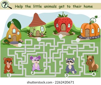 Logic game for children with animals and fairytale houses maze. Vector illustration.