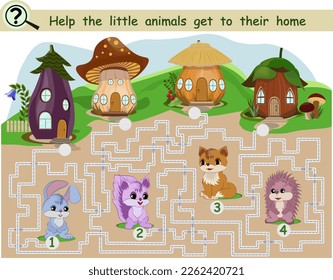 Juego lógico para niños con animales y casas de cuento de hadas labradas. Ilustración vectorial.