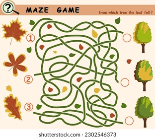 Logic game for children with autumn leaves maze. Vector illustration.