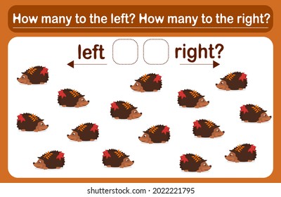 A logic game for children called "Left or Right". Spatial orientation with hedgehogs. The training sheet. Count how many hedgehogs are turned to the left and how many are turned to the left.