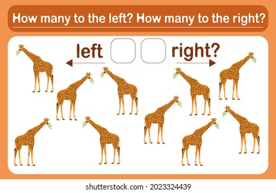 A logic game for children called "Left or Right". Spatial orientation with giraffes. The training sheet. Count how many giraffes are turned to the left and how many are turned to the left.