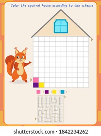 Logic game for children. Color the squirrel house according to the scheme. Development of spatial thinking
