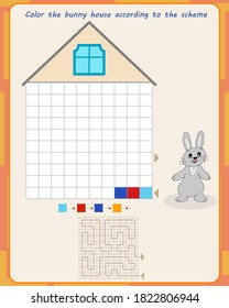 Logic game for children. Coloring the bunny house according to the scheme