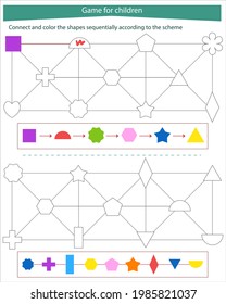 Logic game for children. Connect and color the shapes according to the diagram. Development of attention and thinking