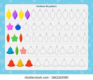 Logic game for children. Continue the pattern of Christmas tree decorations in the sequence presented in the sample